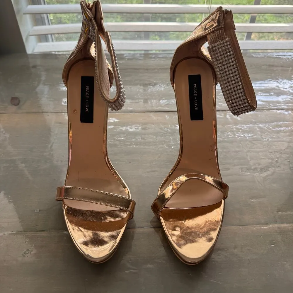 Peace + Love Rose Gold Rhinestone Strappy Heels Sz 8 - Image 4