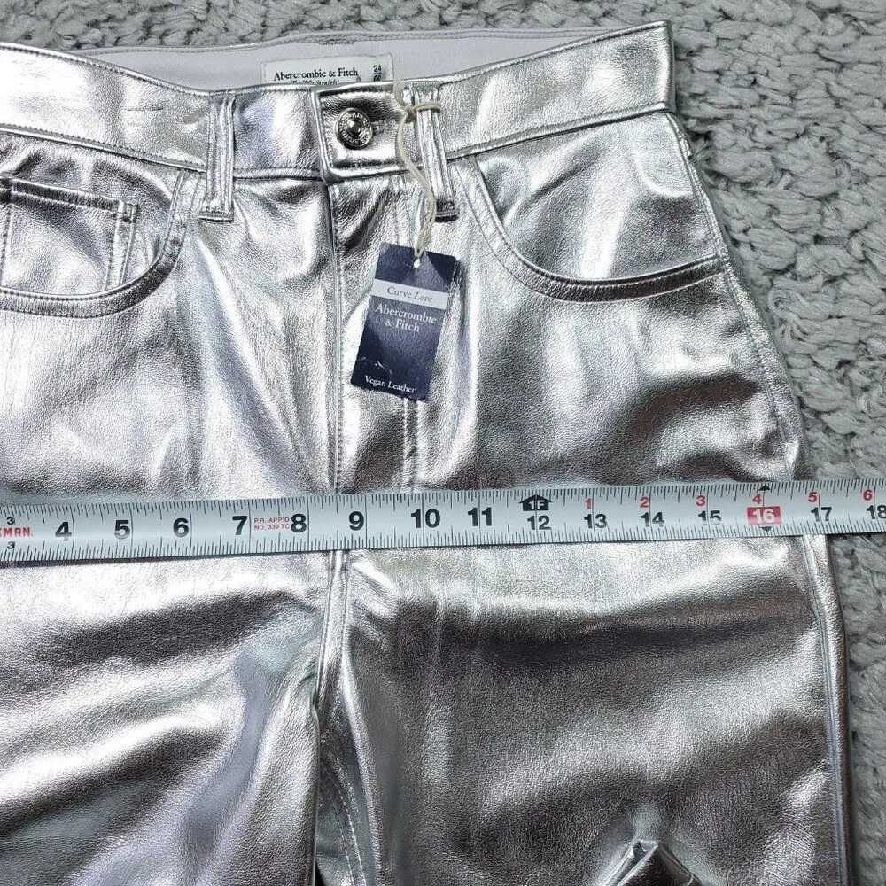 Abercrombie Curve Love 90's Straight Ultra High Rise Pants Vegan Leather Silver - Image 9