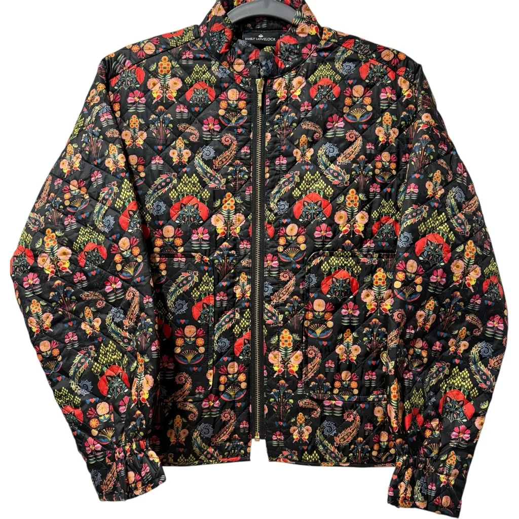 NEW EMILY LOVELOCK Chelsea Quilted Bomber Jacket Black Vibrant 70s Print XS $230 - Image 3