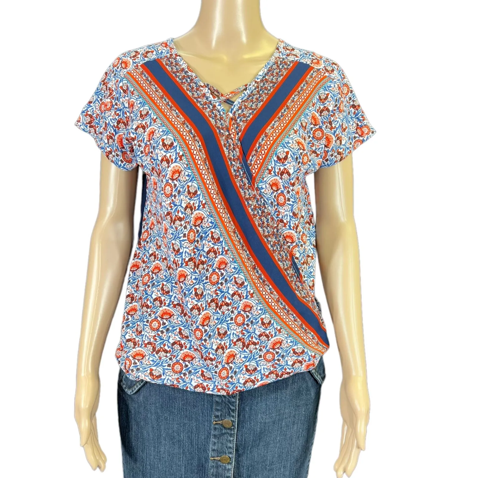 Halo Womens Blouse Top Shirt Floral Print Faux Wrap Pullover Short Sleeve Small Red - Image 4