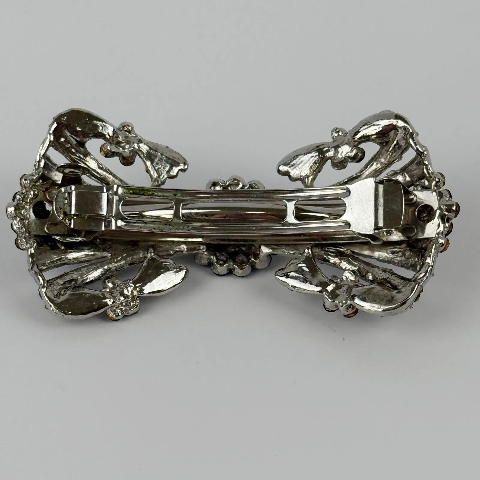 Vintage Rhinestone Bow Hair Barrette Silver Tone Crystal Floral Design - Image 5