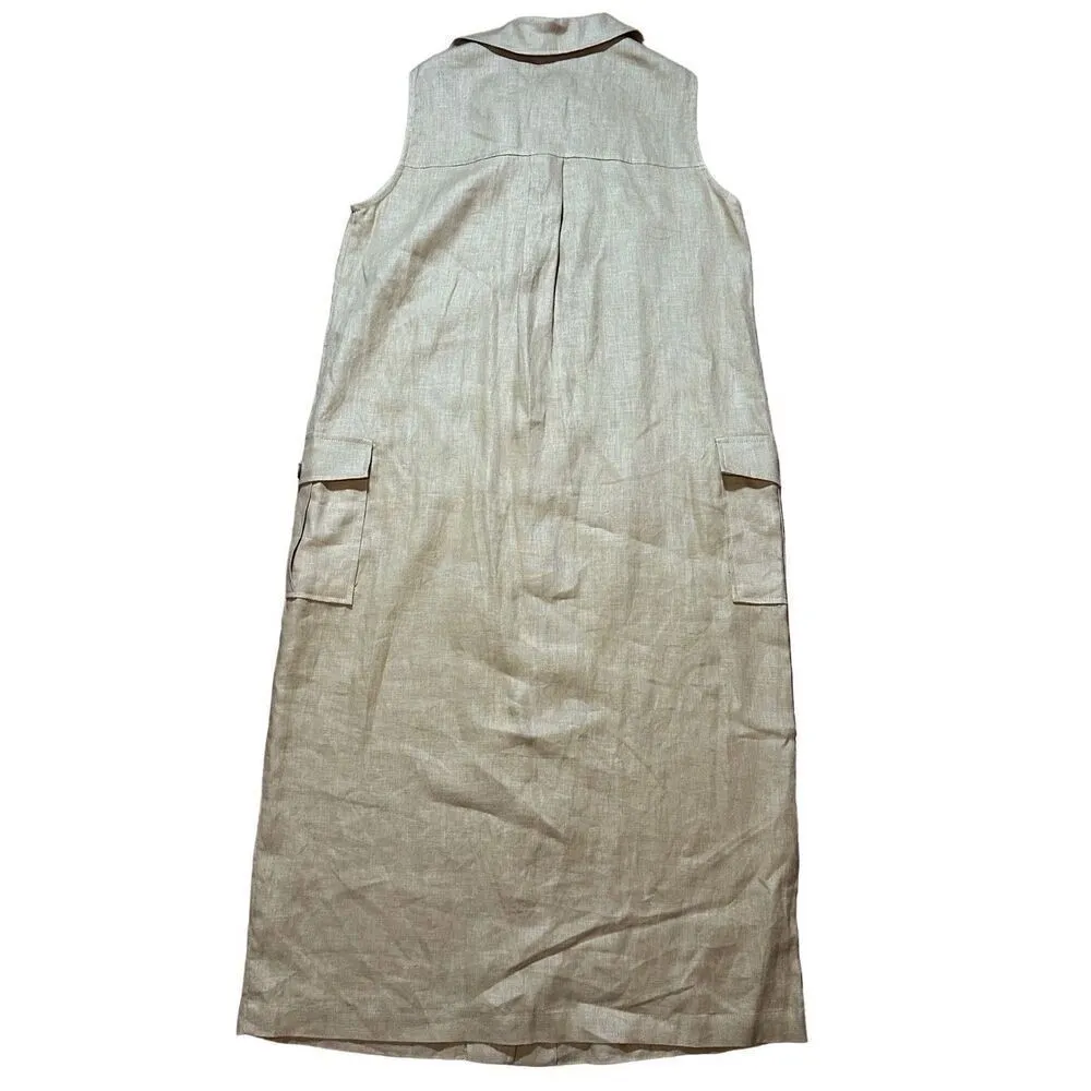 NEW adL womens linen button down midi dress cottage safari natural sz M in camel Tan Size M - Image 2