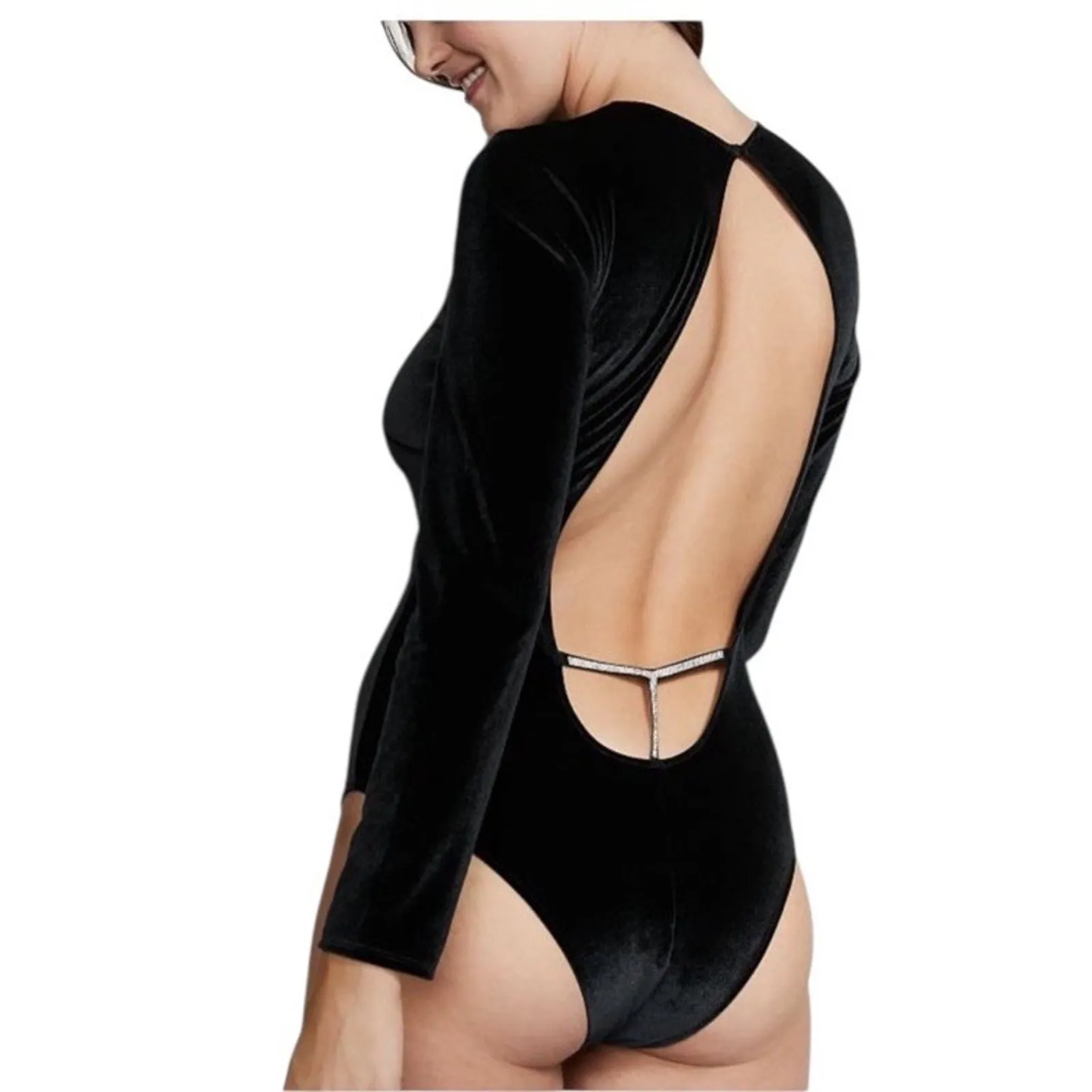 Victoria's Secret black velvet rhinestone back cutout bodysuit Size Large NWT - Image 2