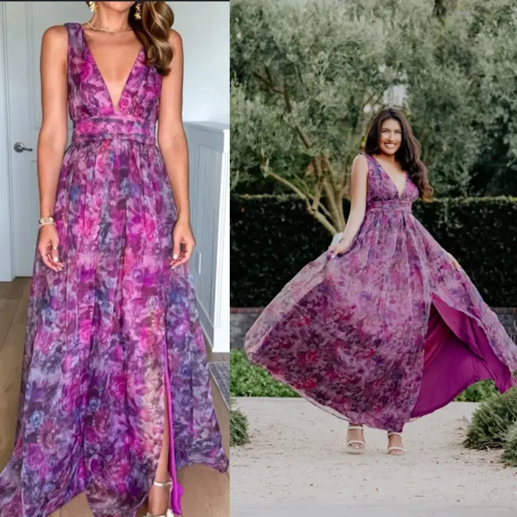 Lulus Garden Romance Magenta Floral Print Organza Maxi Dress Medium Purple - Image 2