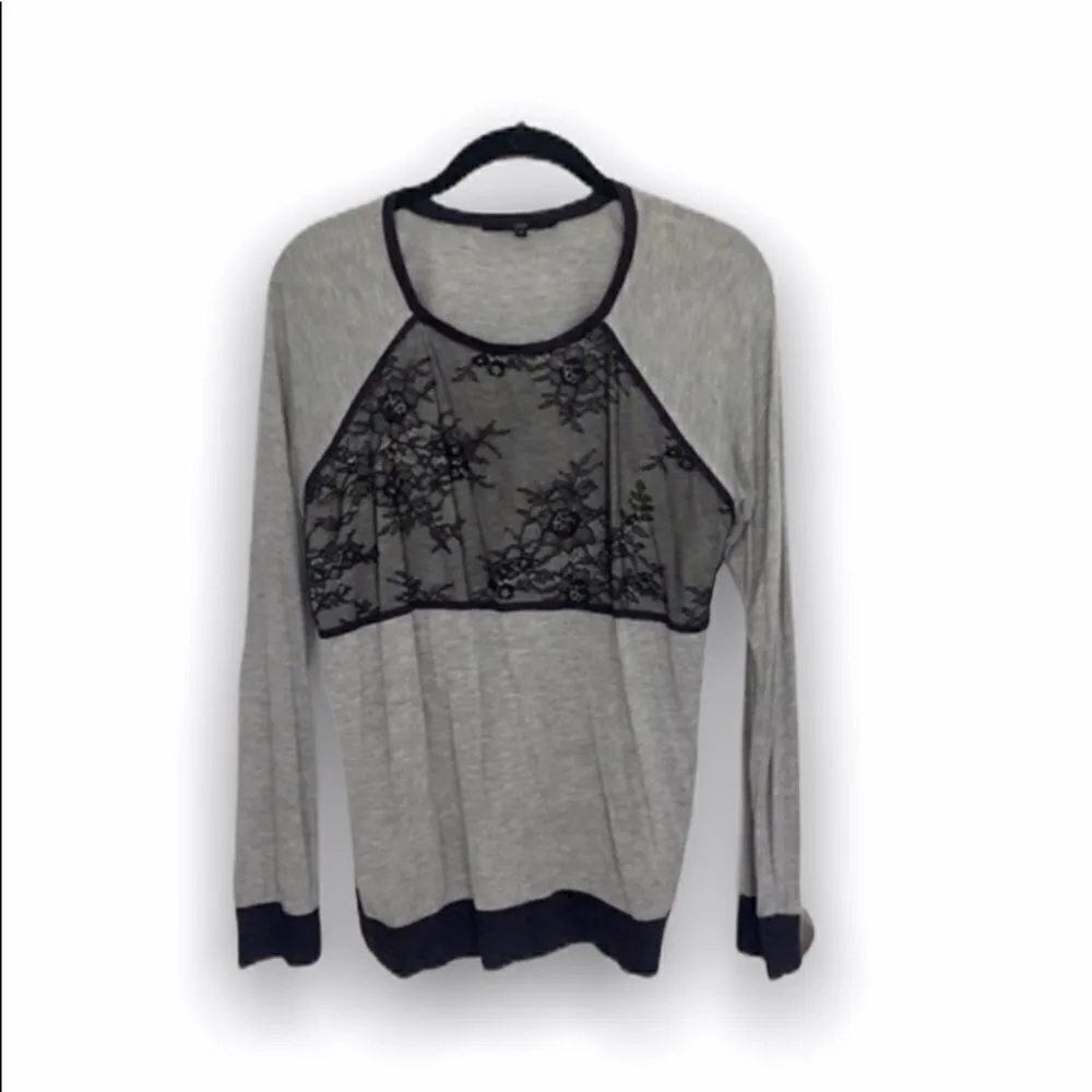Tibi Gray Long Sleeve Top with Lace Overlay | Contrast Trim | Size XS - Image 2