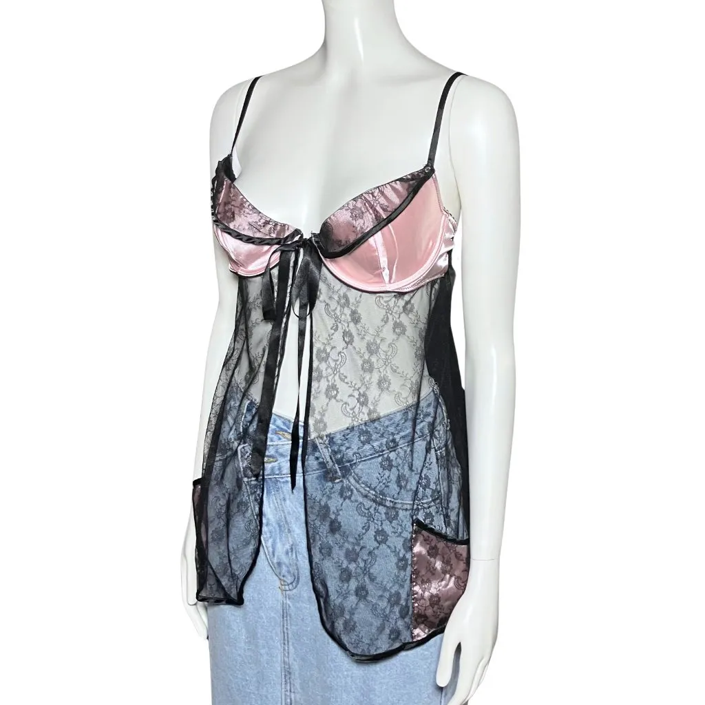 Y2K Victoria’s Secret Sheer Black Lace Pink Babydoll Top. 36C Medium. Coquette - Image 2