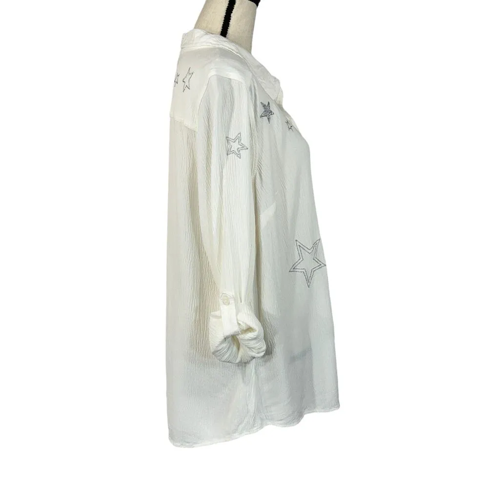 Torrid SZ 3 (3X-Large) Top Button-Up Gauzy Silver Stars Roll-Tab Sleeves Pocket - Image 6