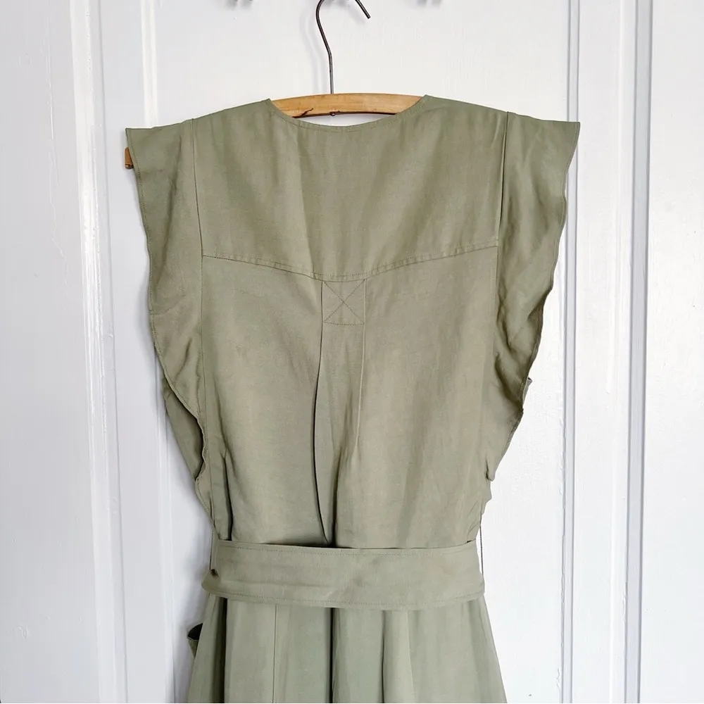 REISS • Emma Plunge Frill Shoulder Dress green midi button front tie waist belt - Image 14