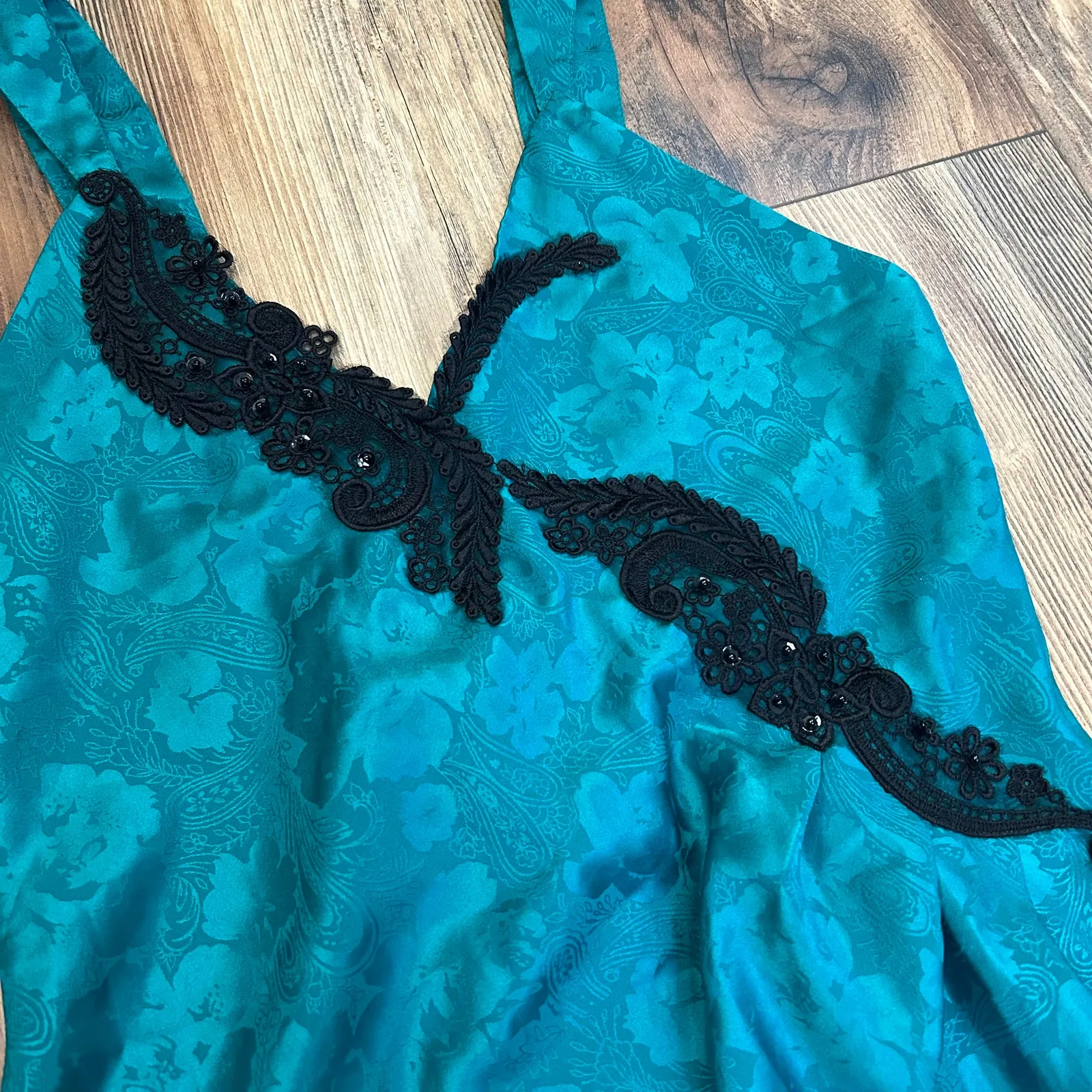 Vintage Victoria's Secret Gold Label Satin Nightgown Lingerie Lace Gothic Green - Image 3