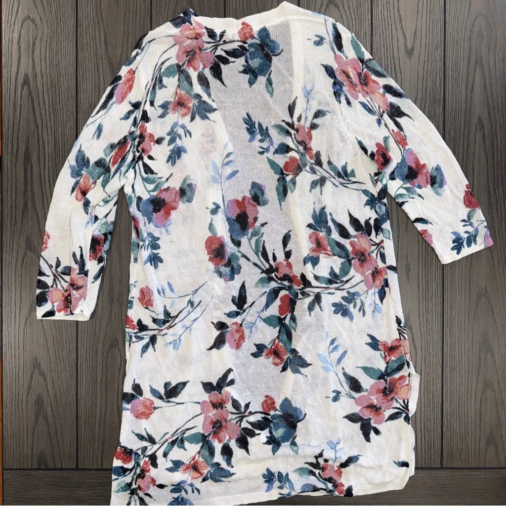 J Jill Linen Blend Longline Cardigan Floral Print Size LP Whimsical Boho White - Image 3