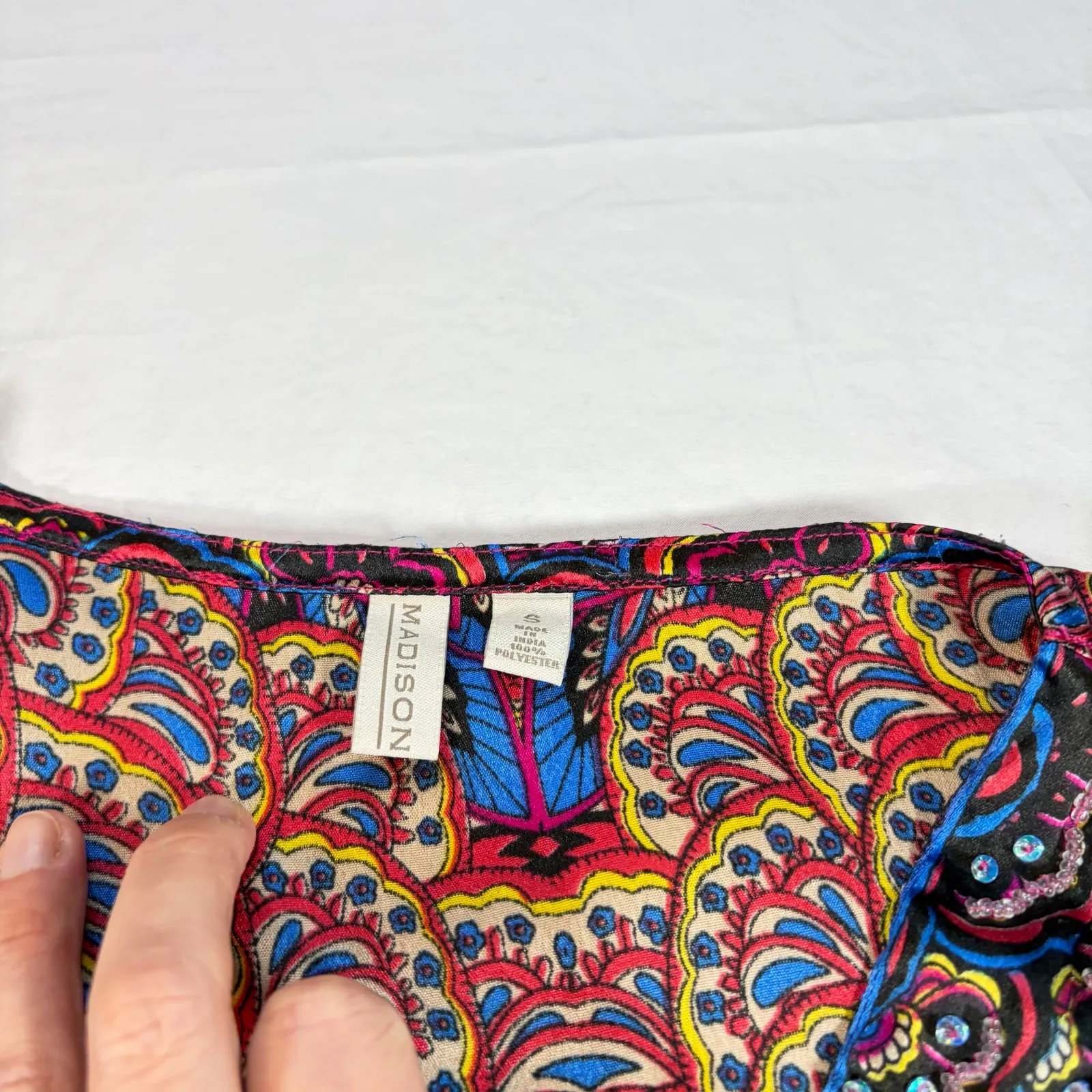 Madison womens short sleeve V neck faux wrap mini dress. Beads Satin feel Size S Blue - Image 7