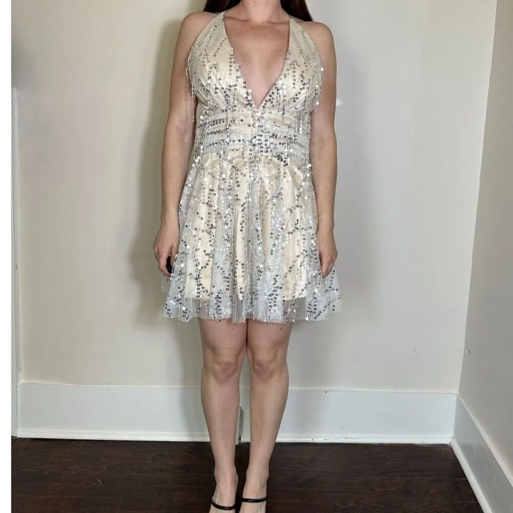 Fairy Cream Beaded Halter Mini Dress Size SMALL Silver - Image 2