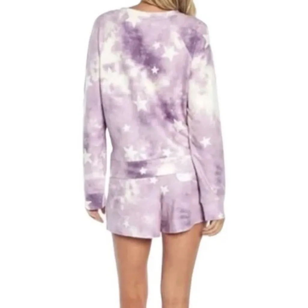 Wildfox Lounge Set Tie Dye Stars in Purple & White Sz M NWT Sweatshirt & Shorts - Image 3