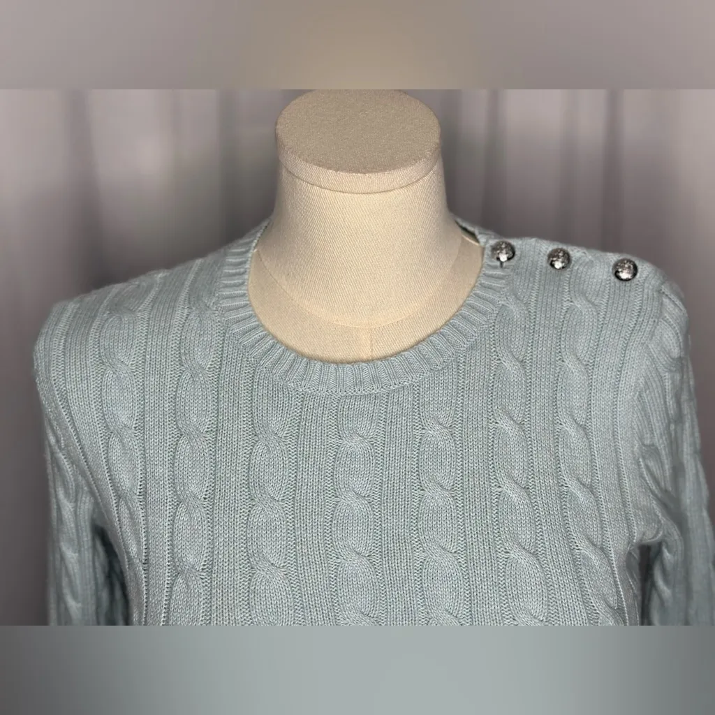 Ralph Lauren  Cable Knit Sweater Light Blue Silver Button Shoulder (1112) - Image 7