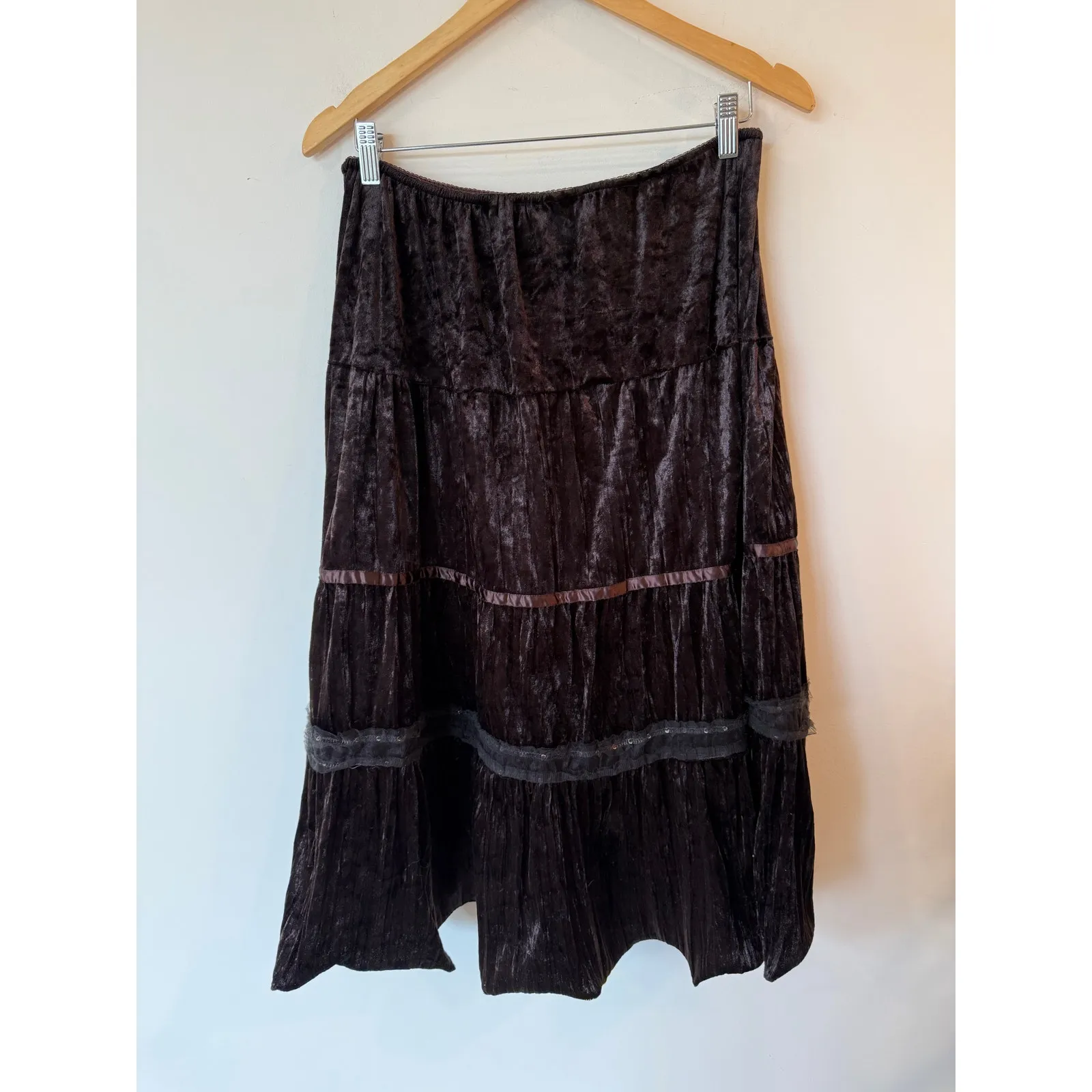 Vintage Apollo Tiered Skirt Medium Brown Crushed Velvet Boho Gothic Y2K Festival - Image 2