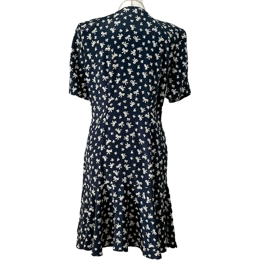 🎀 Vintage Bow Print Drop Waist Flounce Skirt Dress MCM Flapper size S petite 🎀 Blue - Image 5