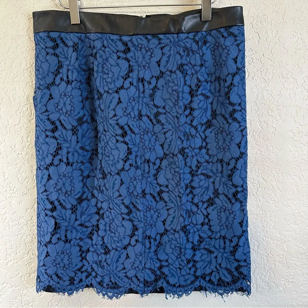 Brixon Ivy Blue Black Lace Overlay PU Trim Lined Rayon Blend Pencil Skirt Medium - Image 9