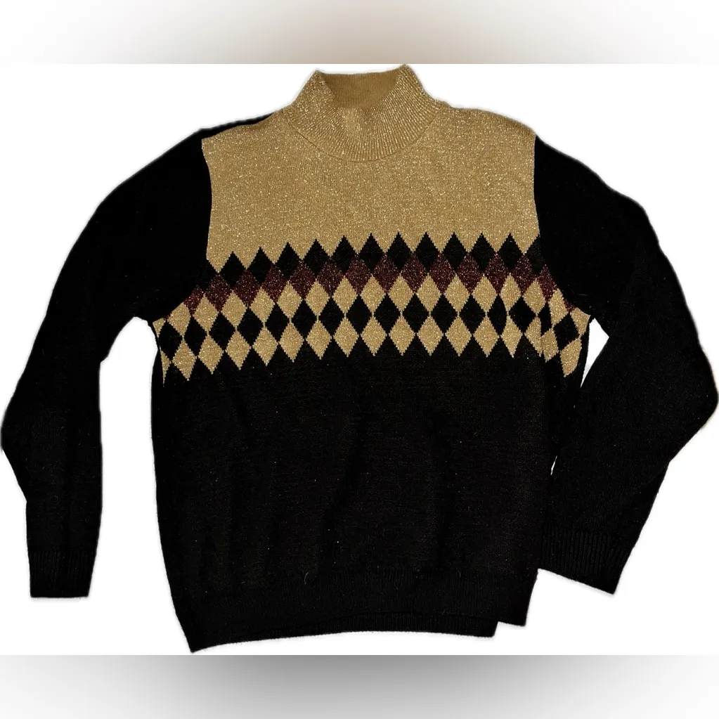 Vintage Alfred Dunner Metallic Diamond Geo Turtleneck Acrylic Petite Sweater - Image 2