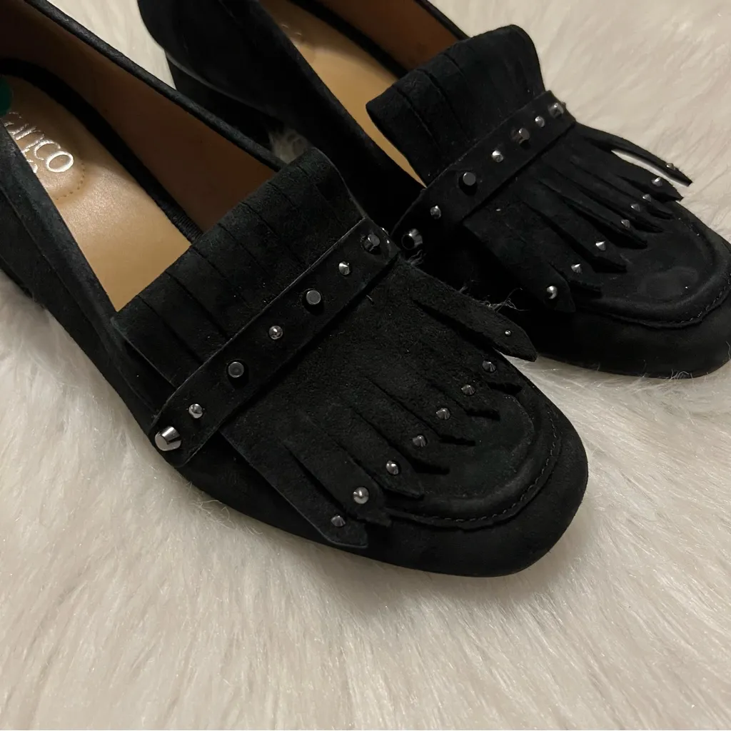 Franco Sarto Block Heel Black Suede Loafer Shoes With Fringe Stud Details Size 8 - Image 2