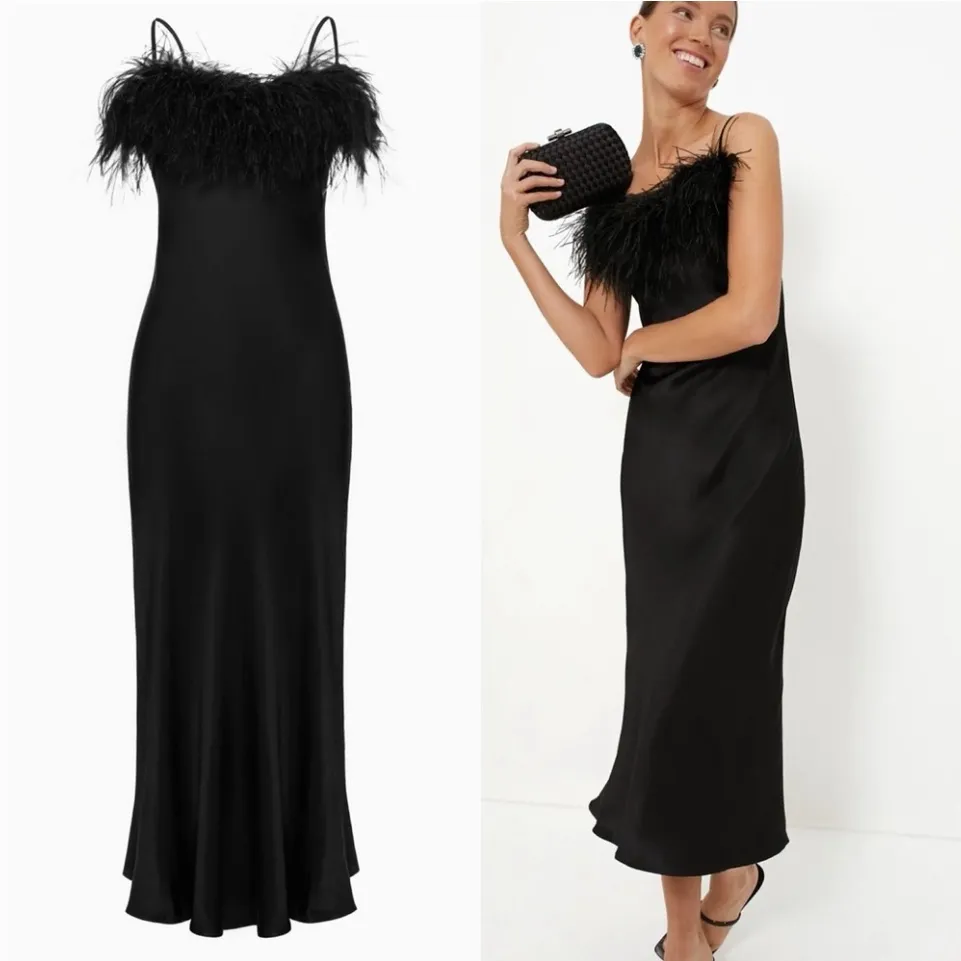 NWT SLEEPER Boheme Midi Slip
Dress with‎ Ostrich Feathers in Black Sz Small $350 - Image 2