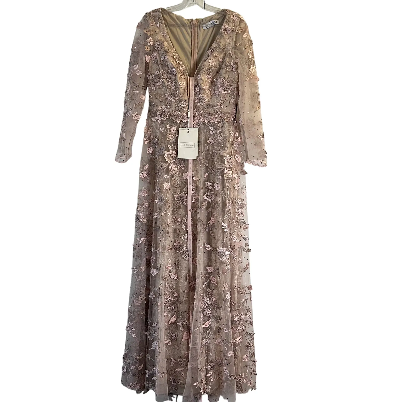 Mac Duggal Pink Floral Applique Illusion Long Sleeve Gown 70224 Sz 4 NWT - Image 7