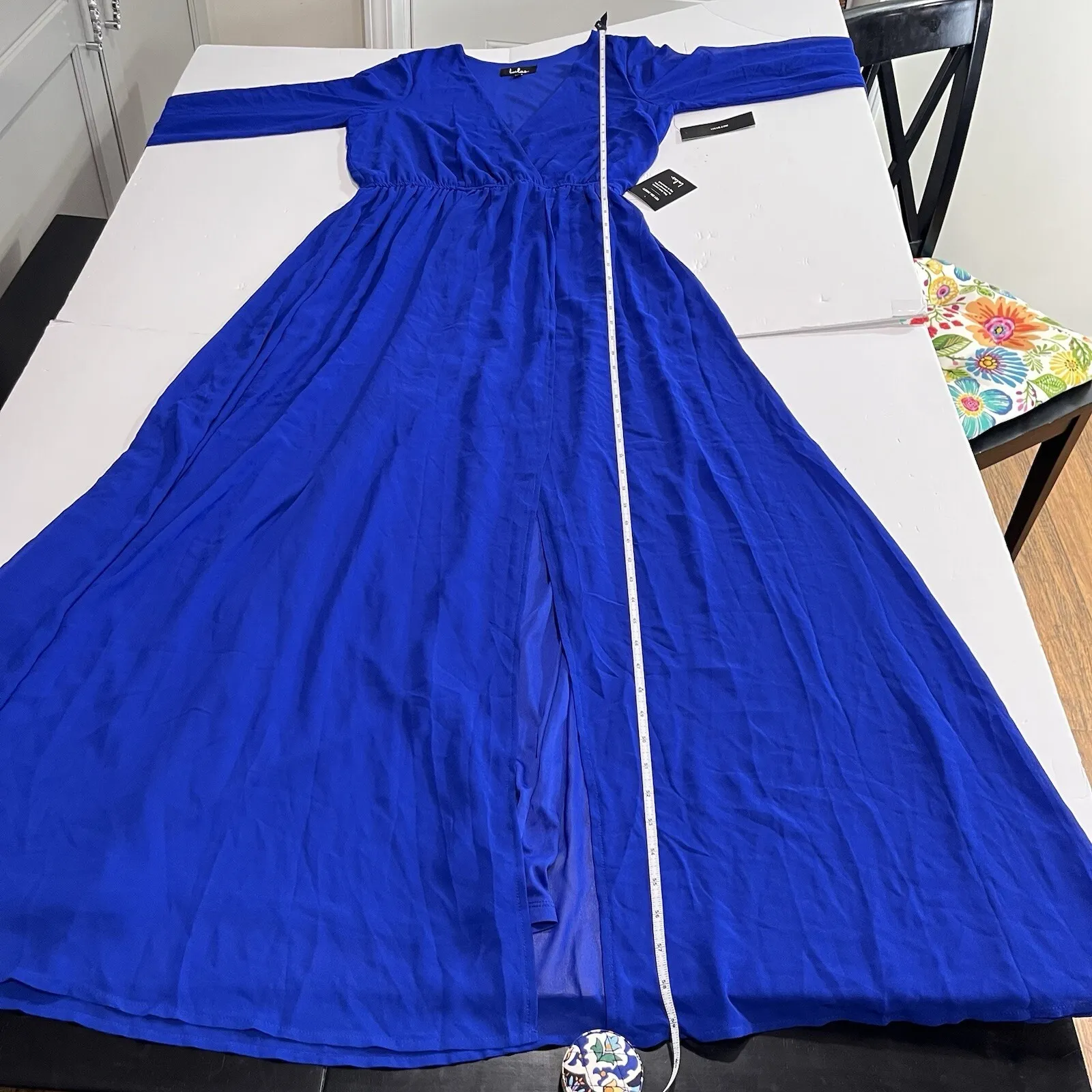 NWT Lulus Wondrous Water Lilies Royal Blue Long Sleeve Slit Maxi Dress LARGE - Image 7