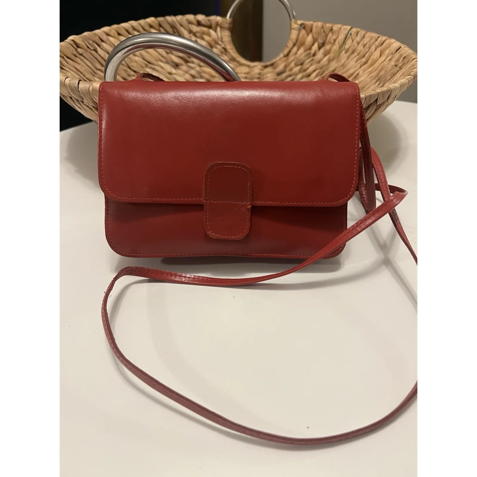 Vintage Genuine Red Leather 1970s Crossbody Bag Handmade In Brazil - Image 4