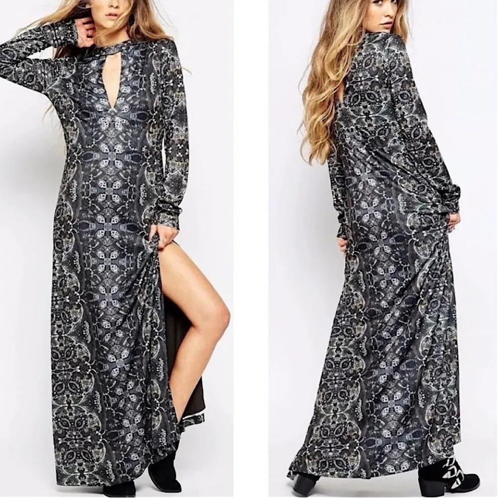 Free People‎ Cabaret Kaleidoscope Cut Out Long Sleeve Slit Maxi Dress Black M - Image 2