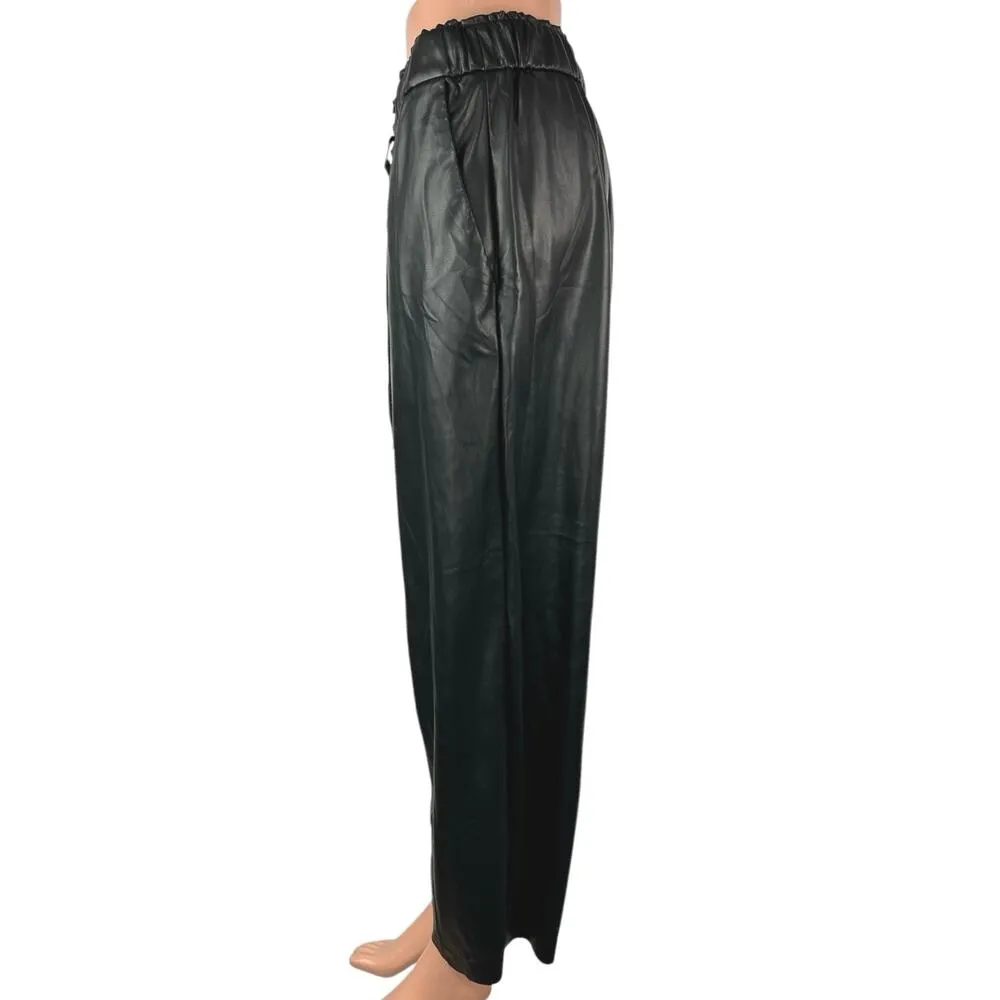 DKNY Women's Black Wide Leg Faux Vegan Leather Pull On Crop Trousers Pants Sz L - Image 2
