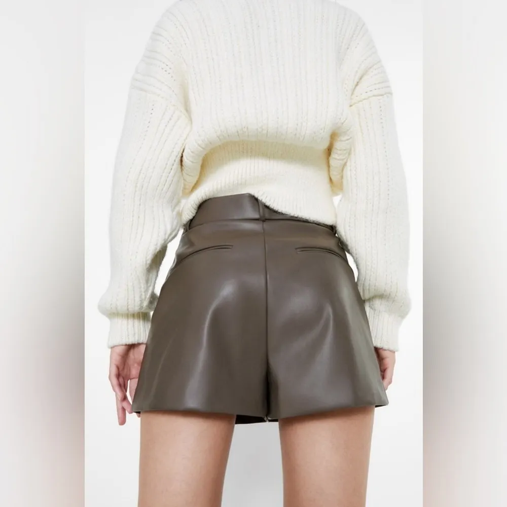 Zara Pleather Pleated High Waist Shorts Medium Faux Leather Taupe - Image 16