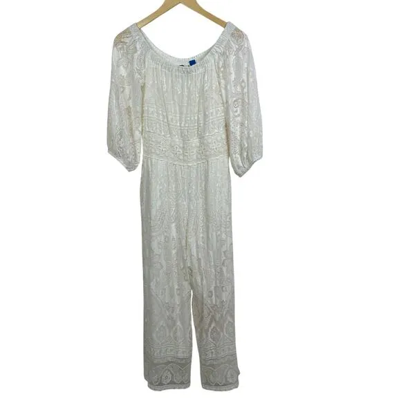 Farm Rio Elliot Off The‎ Shoulder Lace Cream Boho Jumpsuit Size XS - Image 6