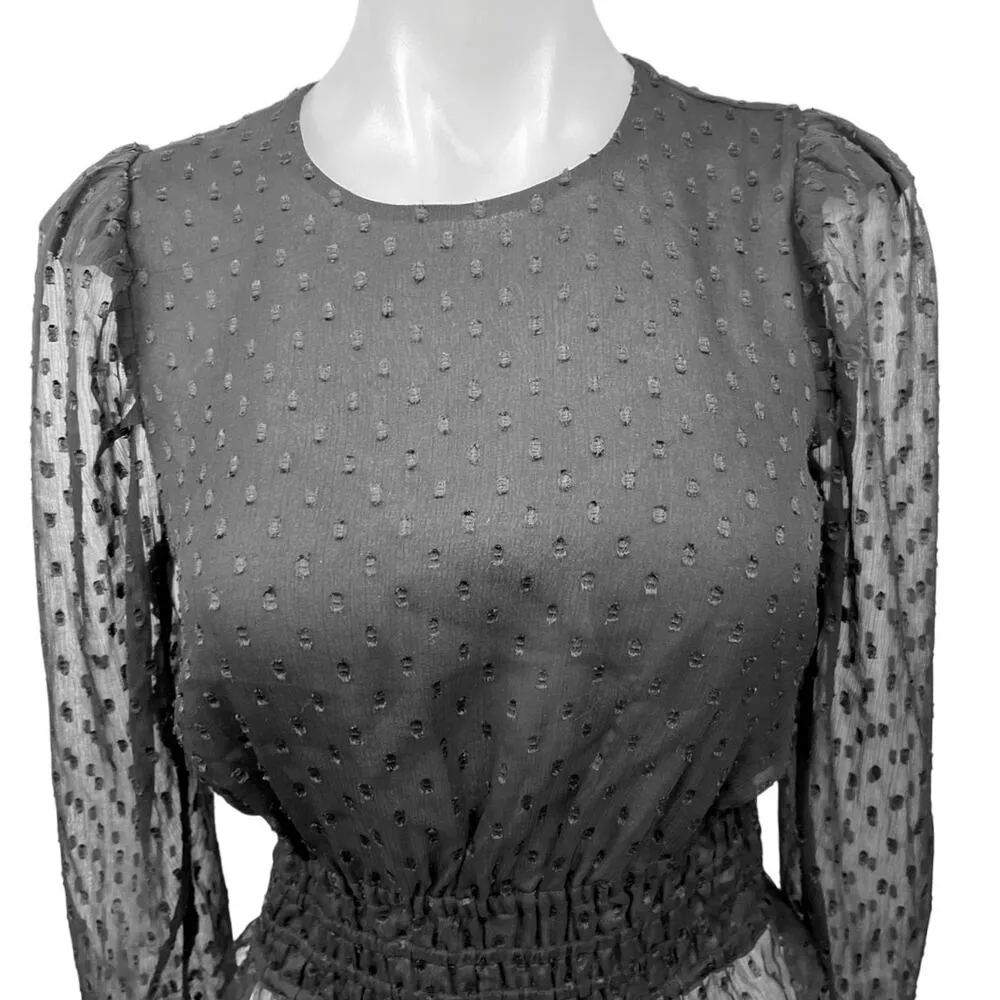 Express Black Dots Smocked Peplum Long Puff Sleeve Crew Neck Crop Blouse Top XS - Image 3