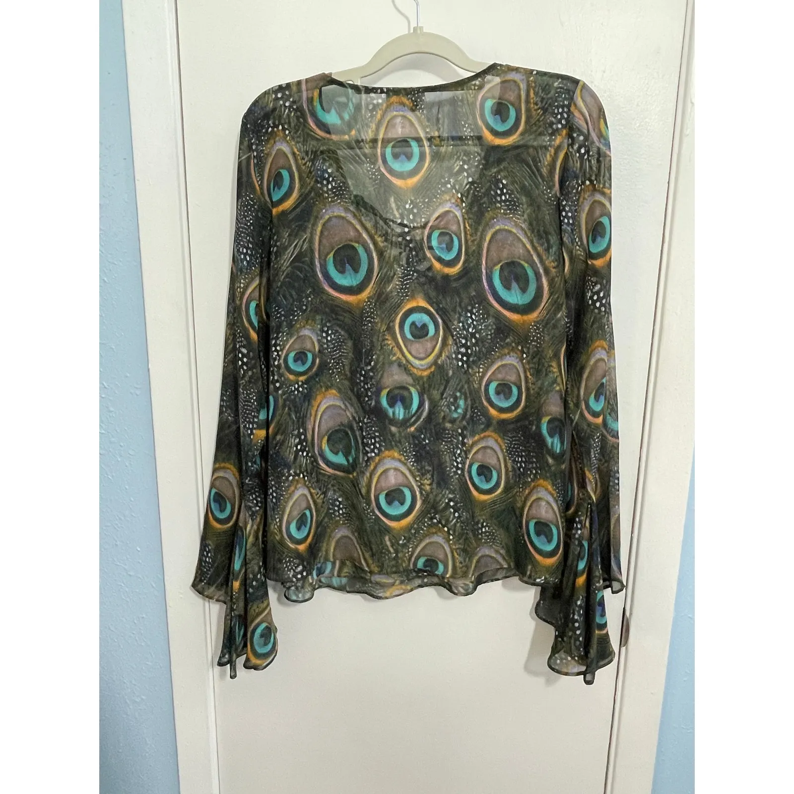 Show Me Your Mumu Blouse Large Sheer Peacock Lace Up  Flounce Bell Sleeves - Image 5