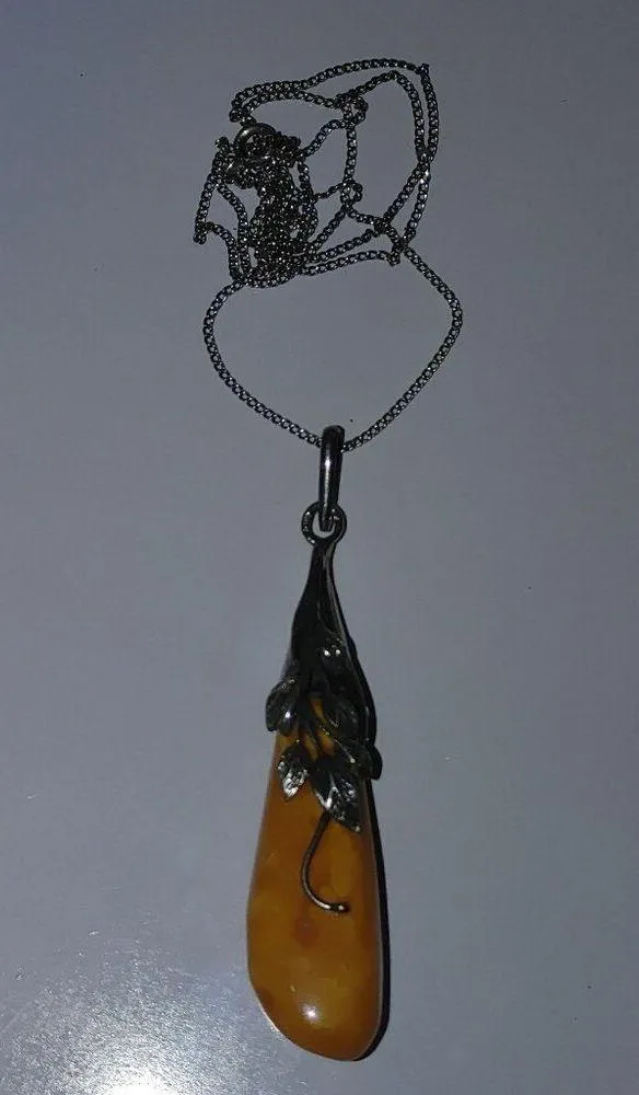 925 Polished Yellow Pendant Necklace Sterling Silver Leaf Design Chain 20 inch - Image 10