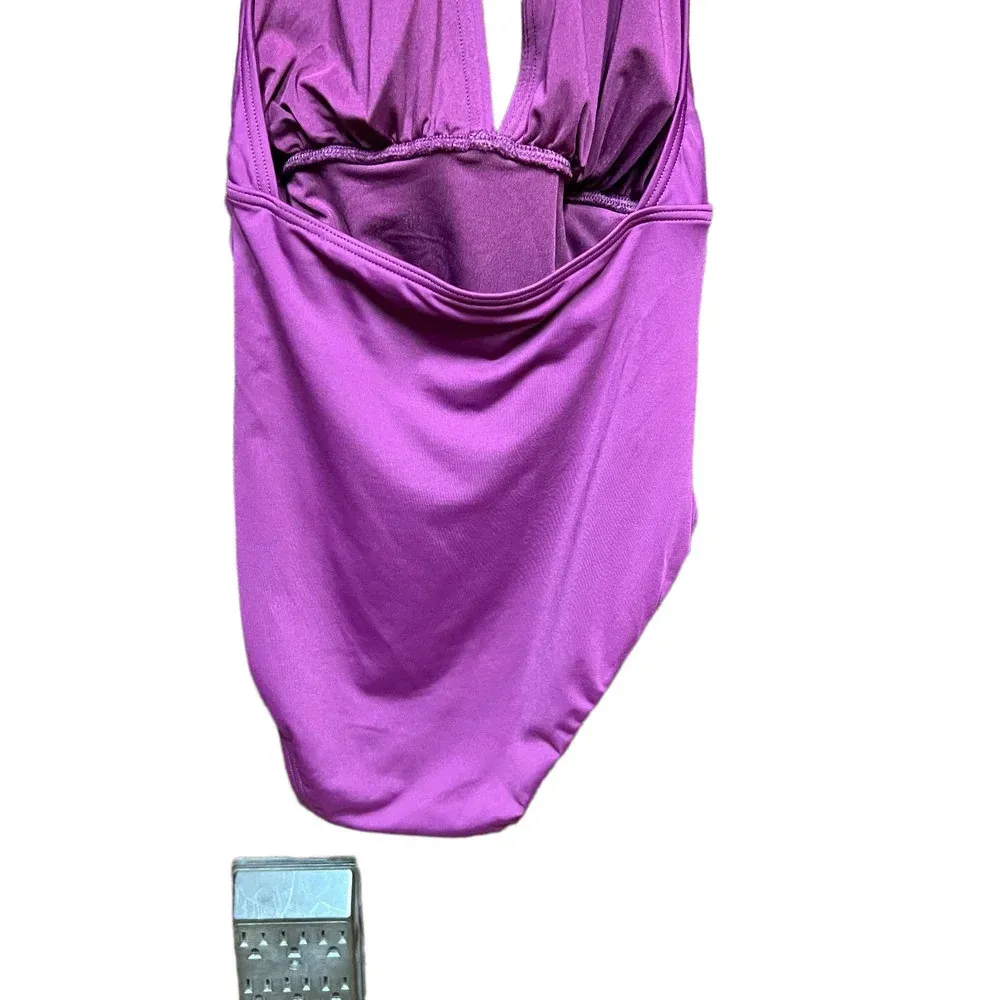 Kate Spade Belted‎ Plunging Halter One-Piece Swimsuit Cabarnet Purple Size Small - Image 7