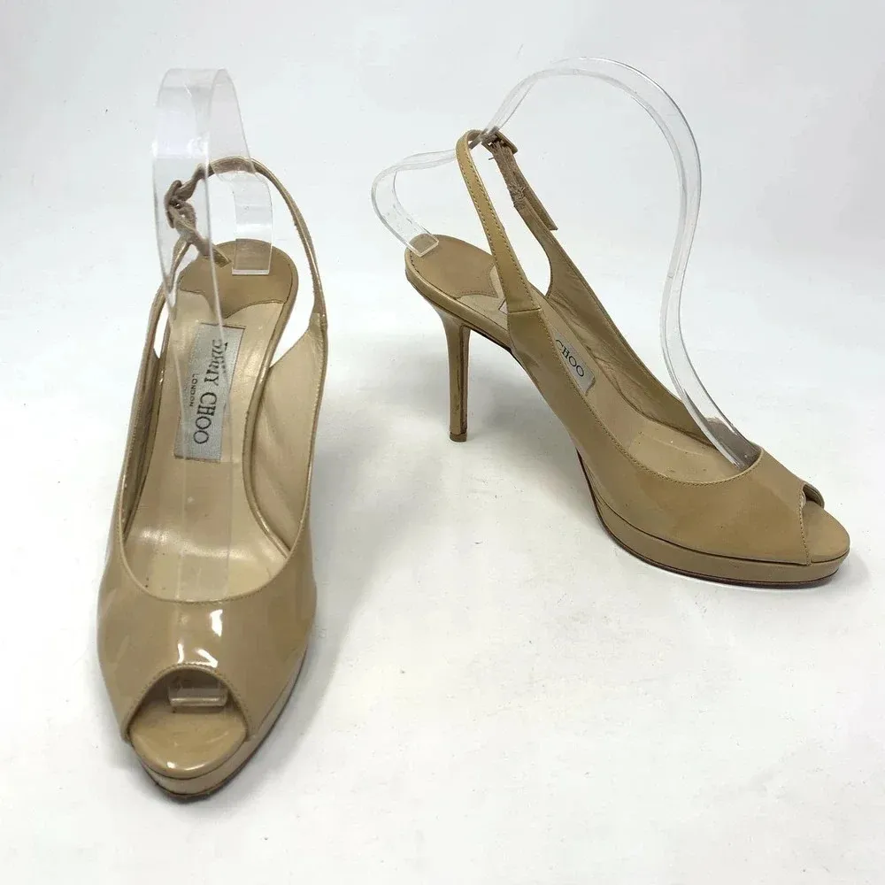 Jimmy Choo Patent Leather Slingback Peep-Toe‎ Platform Pumps Size 37 /  US 7 - Image 4