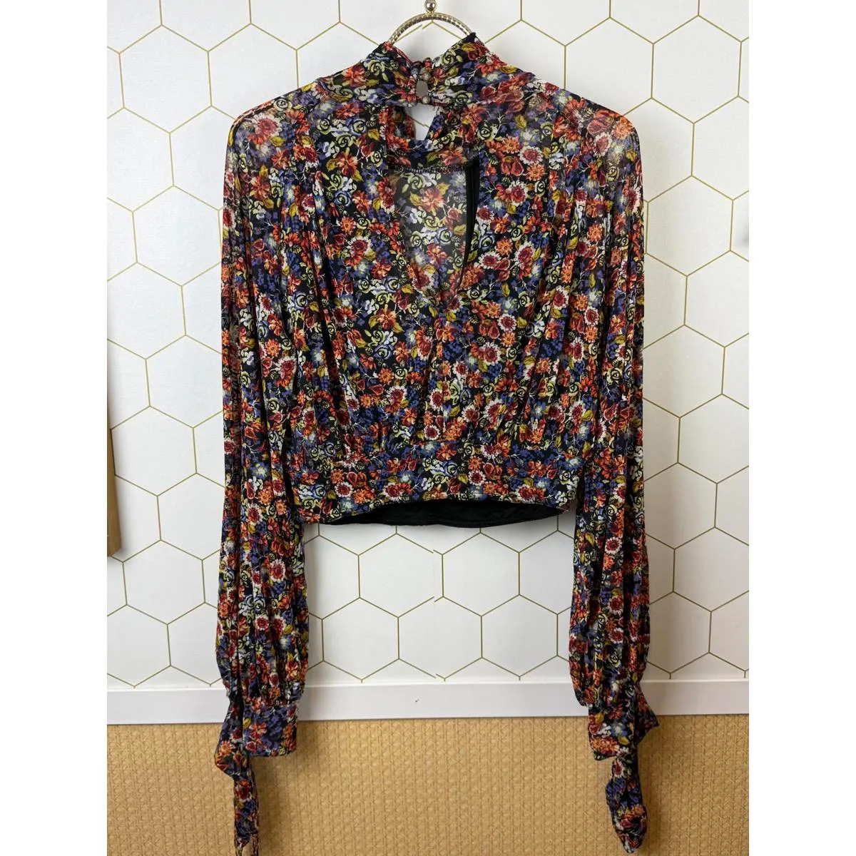 Free People All Dolled Up Black Floral Mesh Crop Top - Size - XS - Image 3