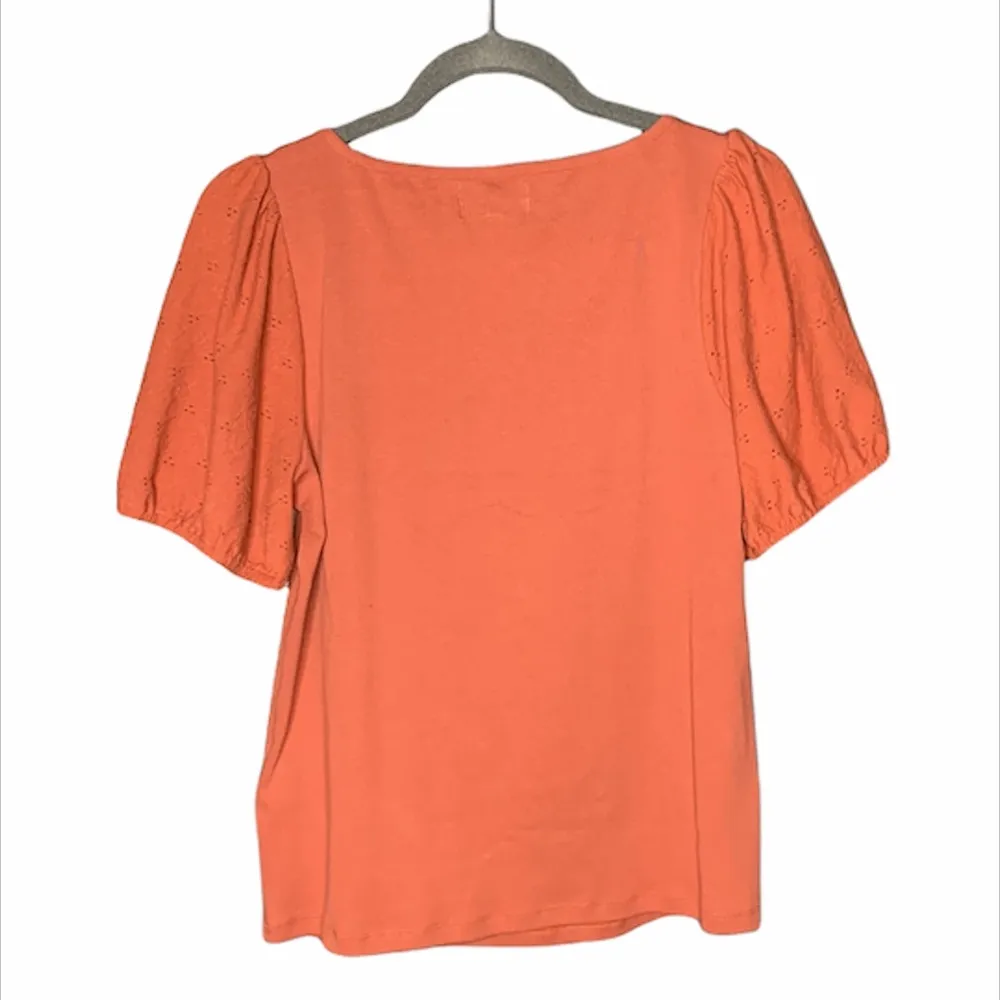 MADEWELL Coral/Rust Eyelet Sleeve Henley‎ Button Square Neck Top Size M Boho - Image 2