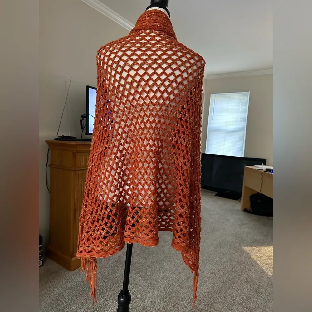 Bohemian Knit Shawl Handmade Hippie Wrap Orange Metallic Fringe Fall Winter - Image 5