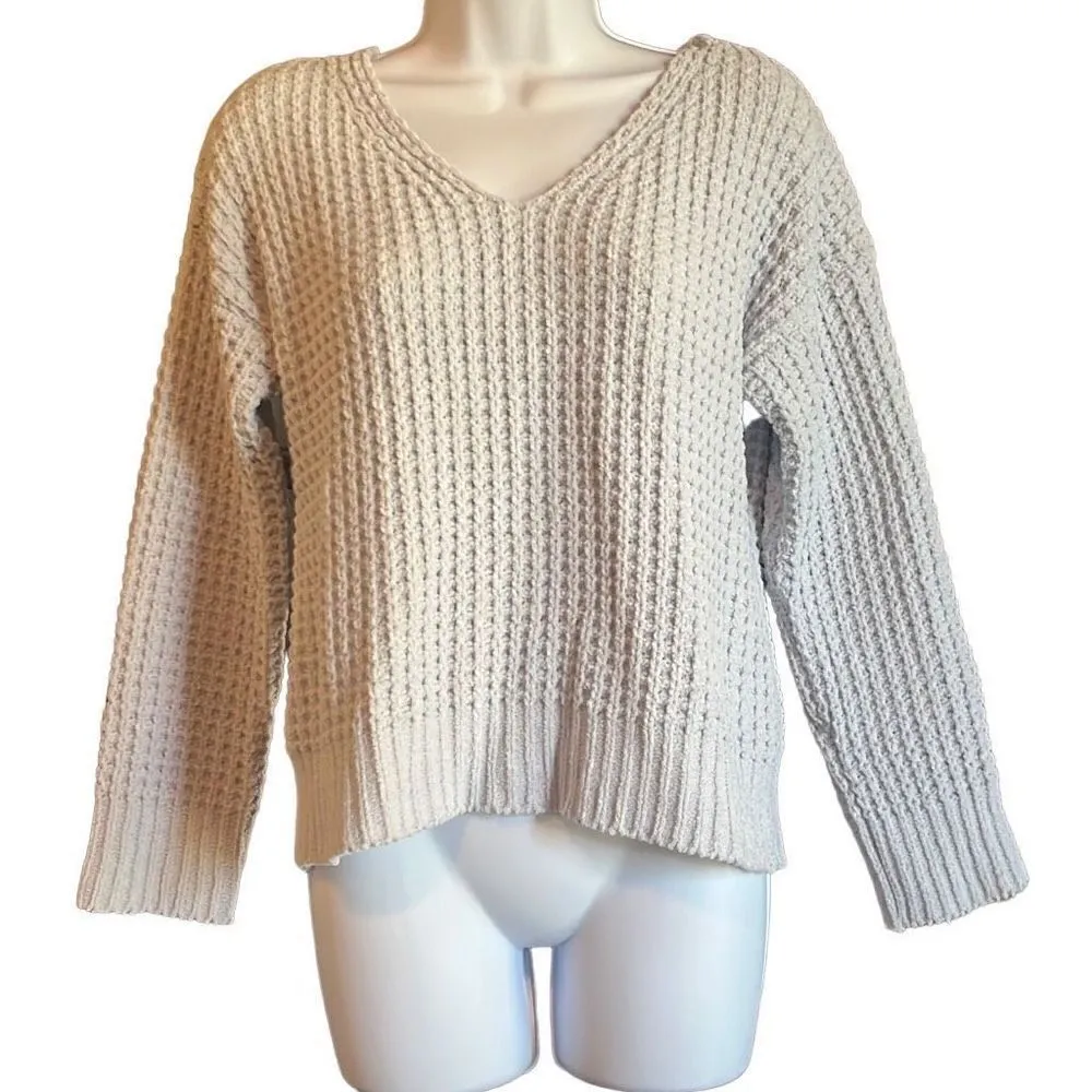 Moral Fiber Womens Large Blue Chunky Knit Lace Up Back Cropped V Neck Sweater - Image 2