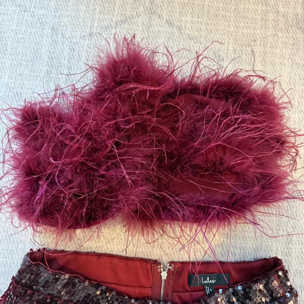 Lulus  Celebrity Shine Burgundy Feather Sequin Two-Piece Large - Image 4