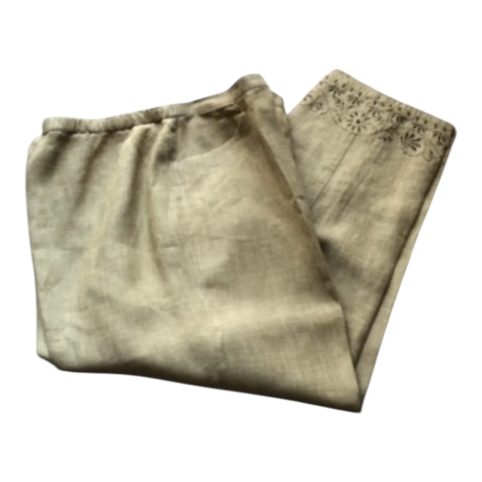 Vintage Sigrid Olsen Sport Linen Pants Beige Embroidered Hem 100% Linen Size 14 - Image 6