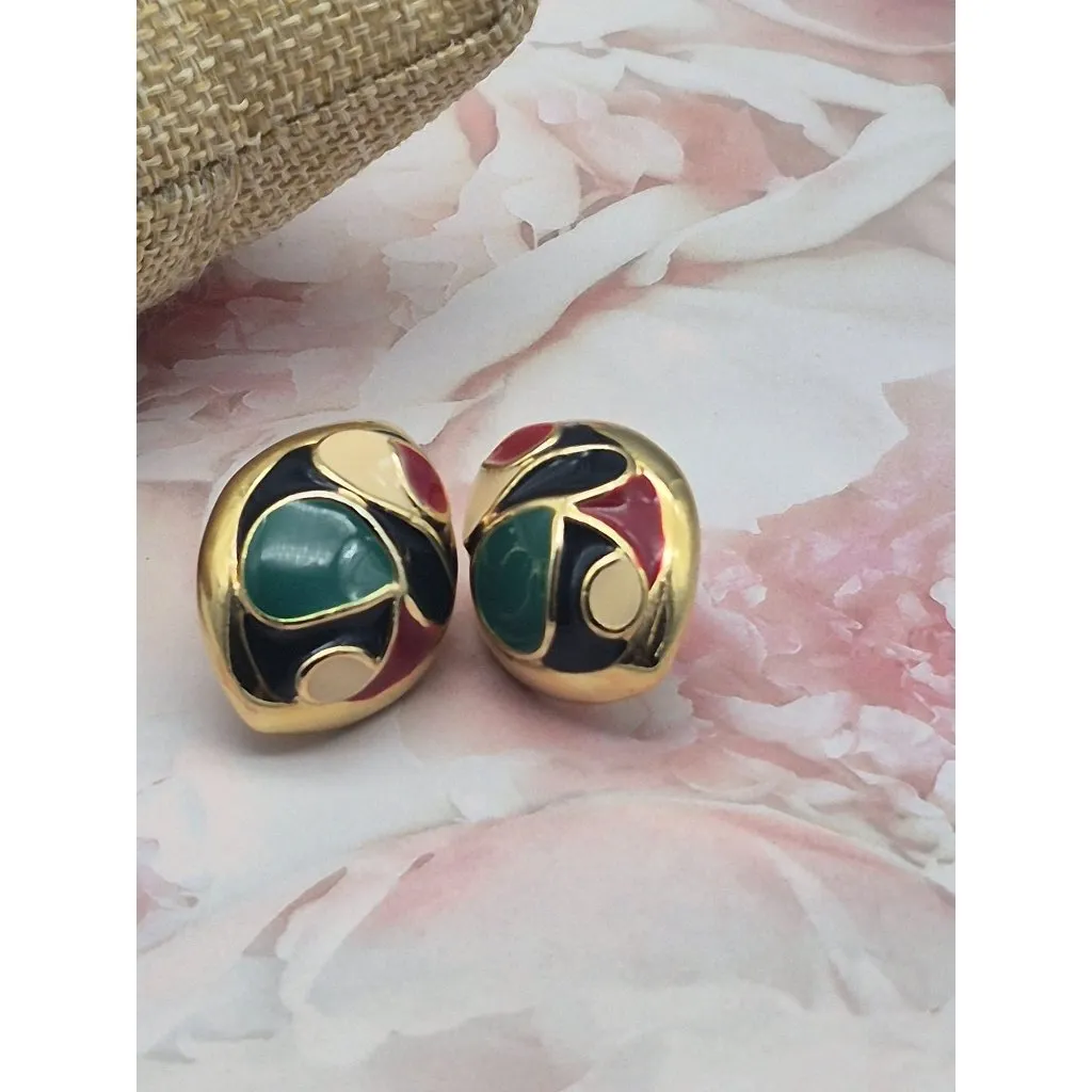 Gold Tone & Enamel Swirl Pierced Earrings Blue, Cream, Red 80's Retro Style MIN - Image 4