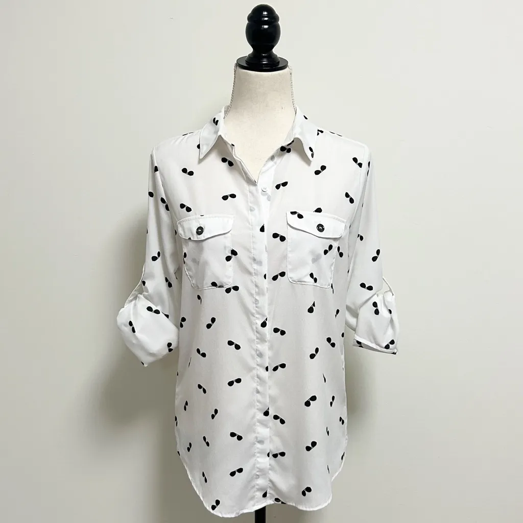 Karl Lagerfeld White Black Sunglasses Roll Tab Sleeve Button Up Collar Blouse XS - Image 5