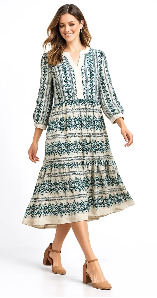 Figueroa & Flower Boho Cottagecore Tiered Midi Dress L — Cream & Teal Split Neck - Image 1