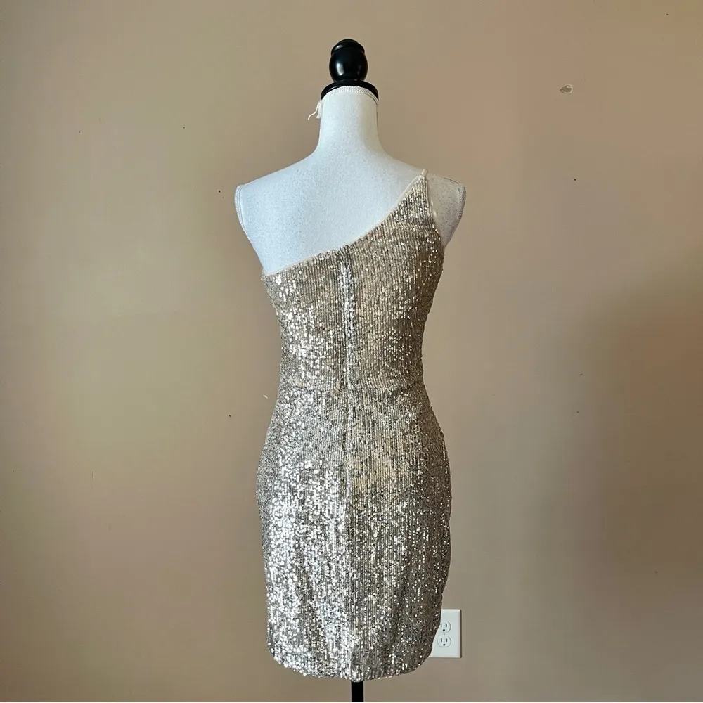 XSCAPE | Gold Metallic Sequin One Shoulder Body Con Cocktail Dress Sz 6 - Image 5