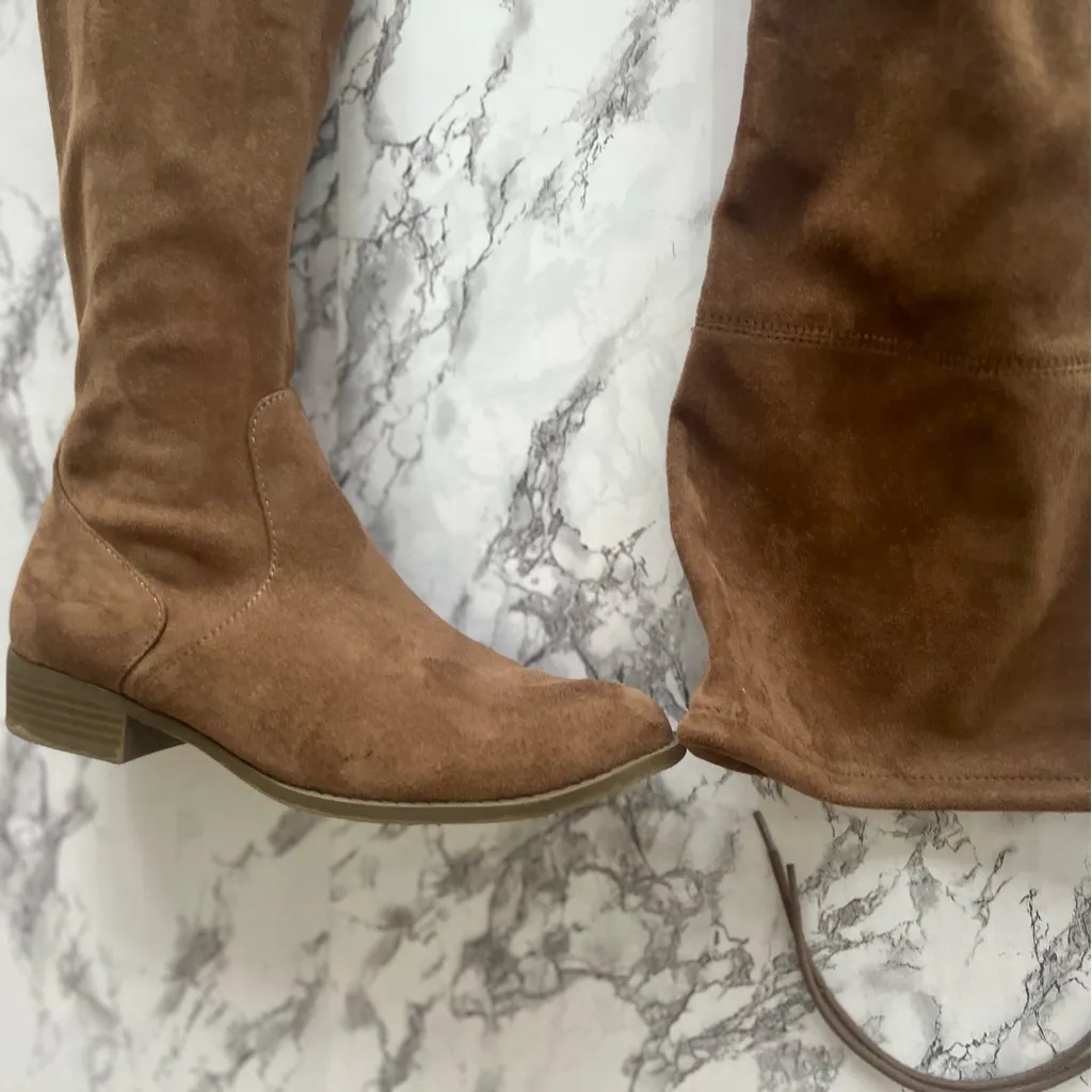 A.N.A. Pixie Boots Over the Knee Faux Suede Low Heel Tan 9 Chic Trendy Date Glam - Image 3