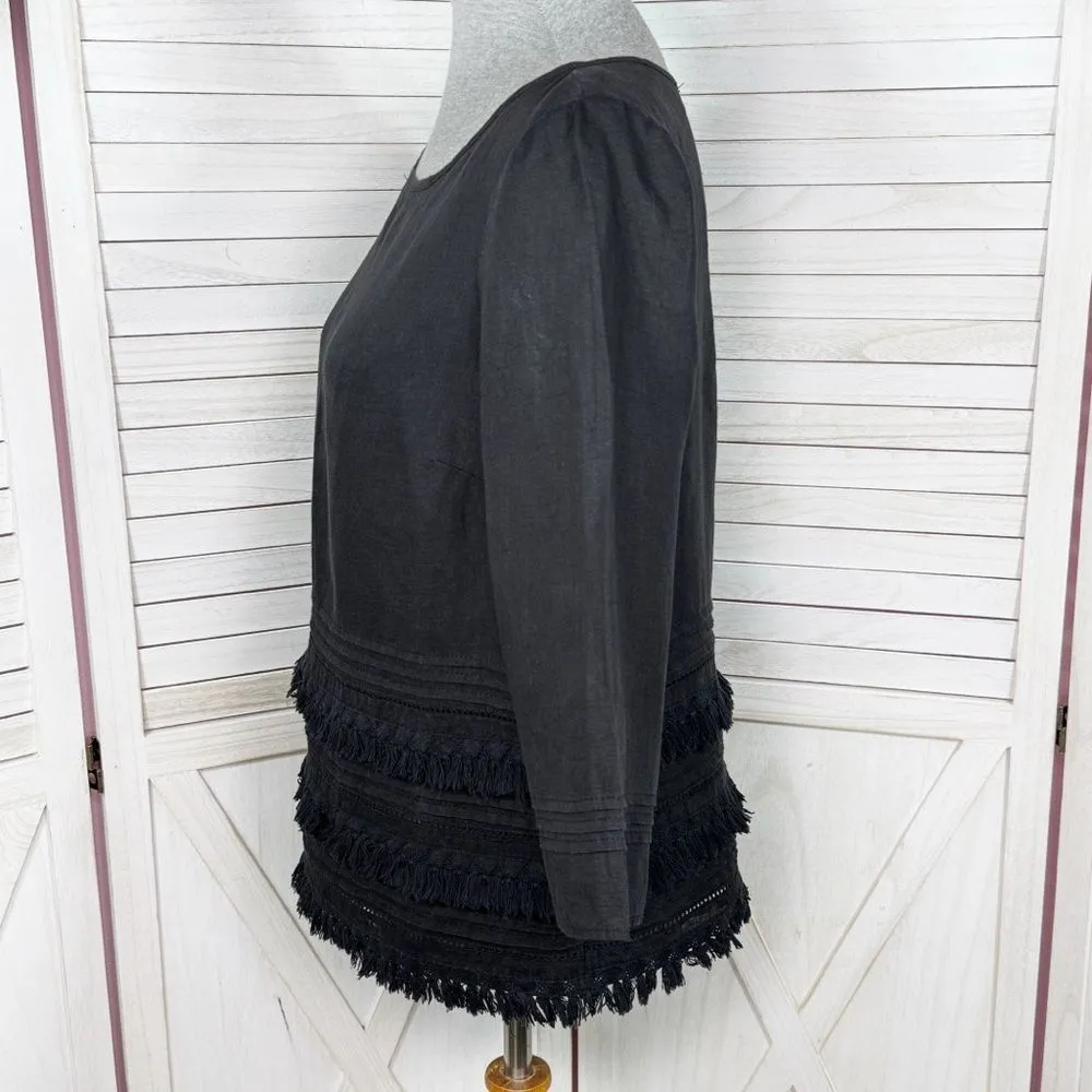 Anthropologie Meadow‎ Rue Olathe Tiered Fringe Hem Linen Boxy Shirt Black Small - Image 2