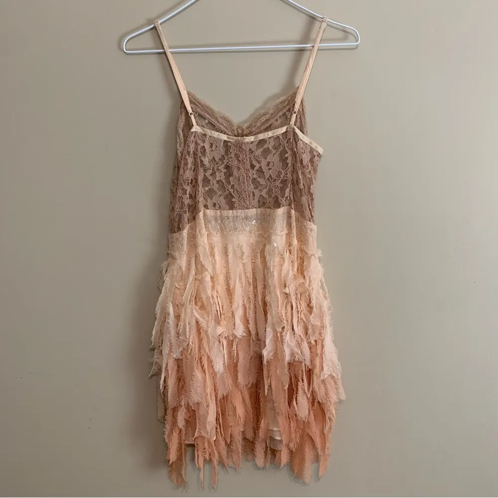 Free People Intimates Ombré Feather Dress Mini Peach Fringe Lace Rare Y2K - Image 5