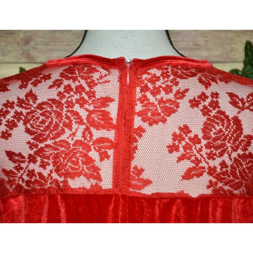 C.O.C. Red Velvet Midi Sheath Dress Plus Size 3X Floral Lace Short Bell Sleeve - Image 7